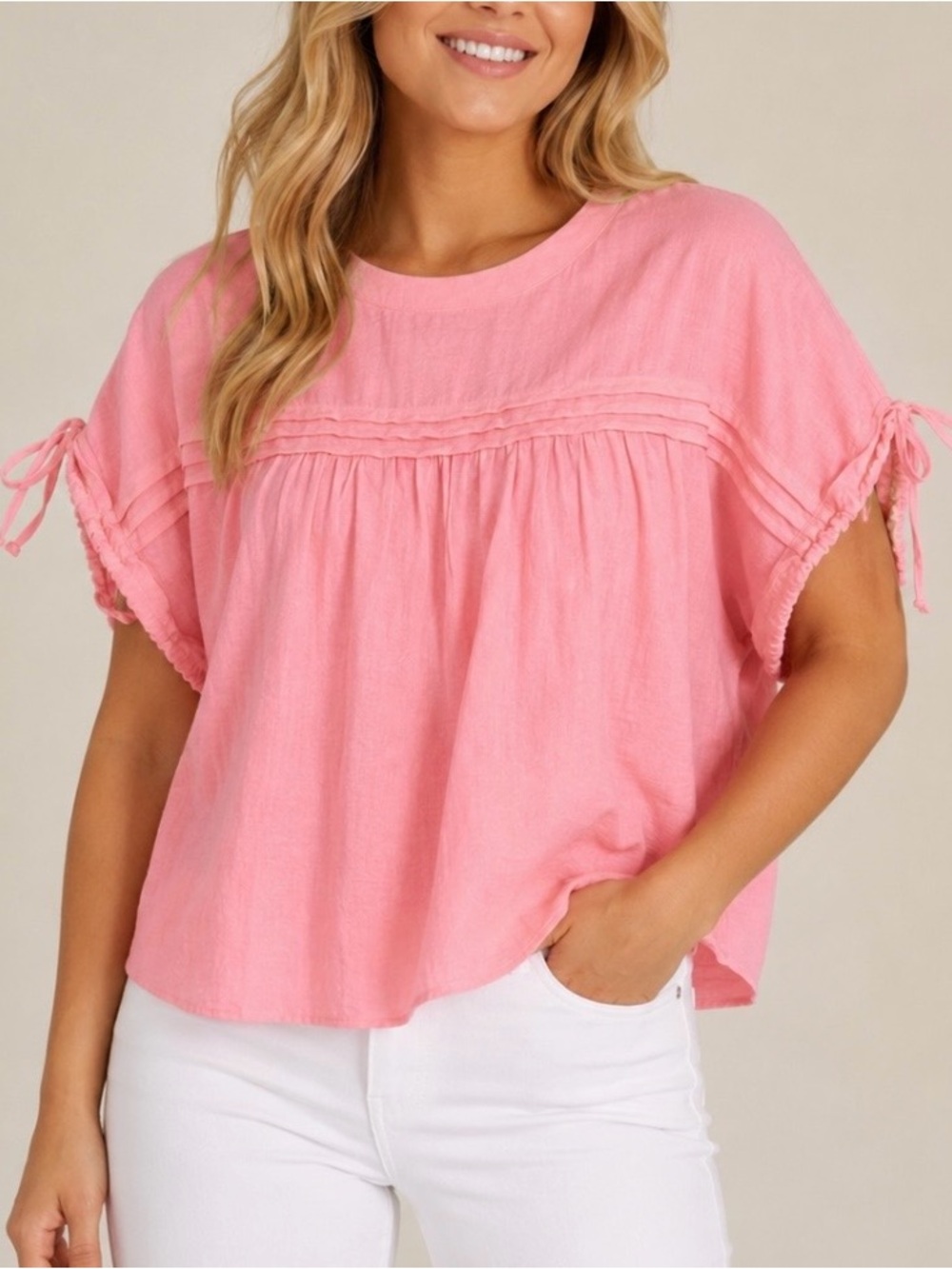 The Refinery Pink Pleated Babydoll Blouse Top, Large, Boho Chic Romantic Peasant